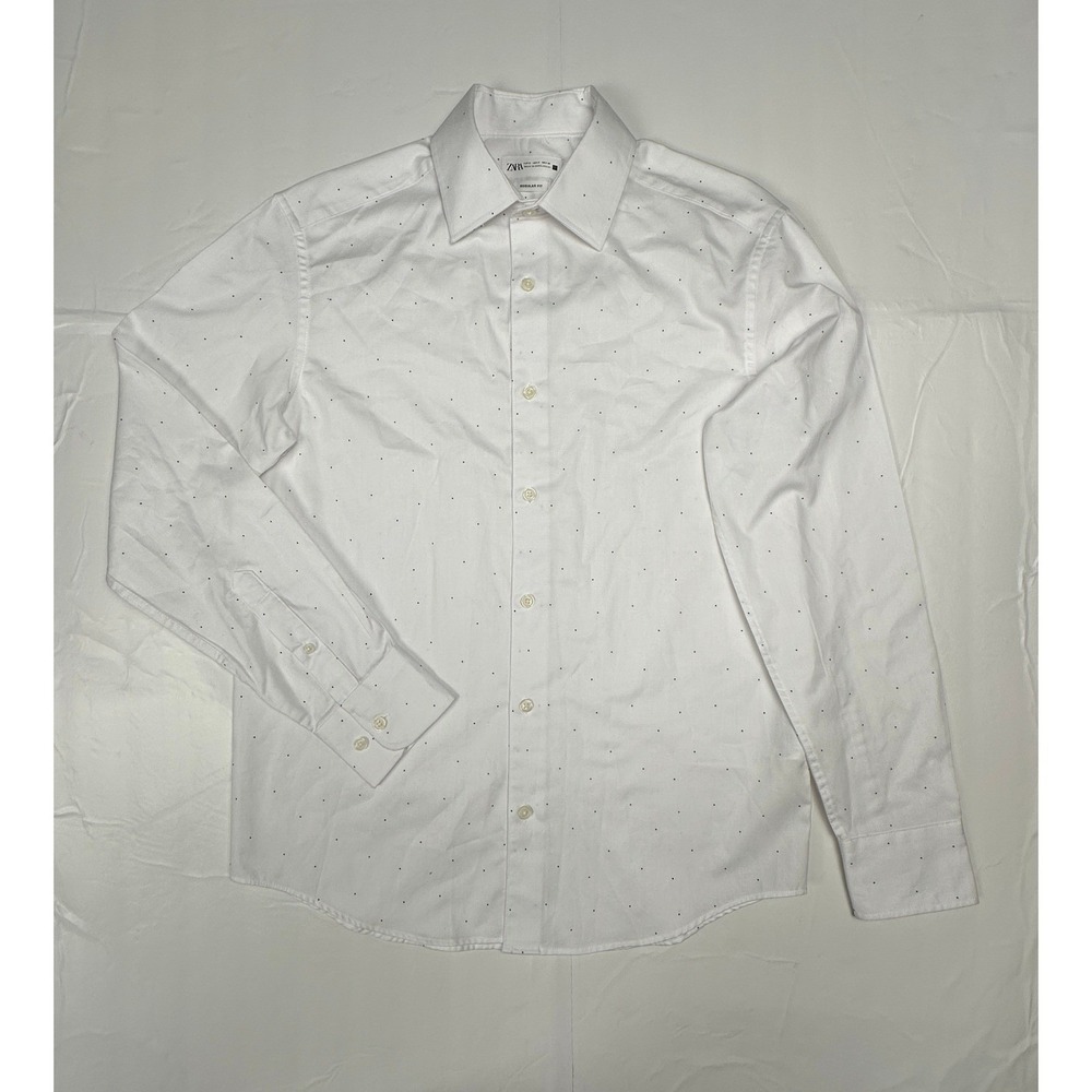 Zara Regular Fit Dress Shirt White Micro Dot Men's size Small